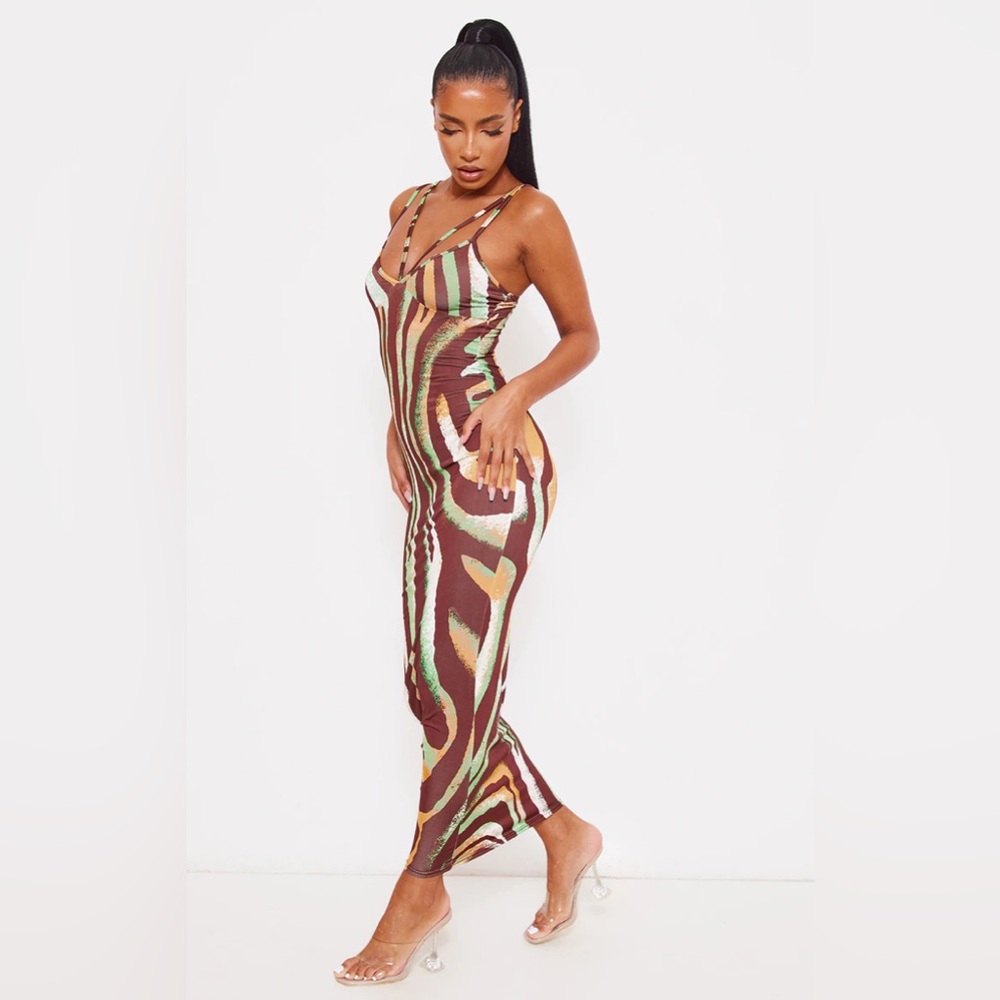 Pretty Little Thing Multi Zebra Print Double Strap Midaxi Dress
